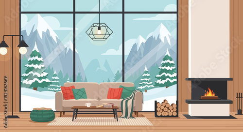 Cozy living room with a fireplace and large windows overlooking a snowy mountain landscape with pine trees.