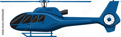 Blue helicopter with a detailed rotor and tail fin in a side view
