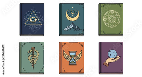 Collection of Ancient Mystical Books with Esoteric Symbols