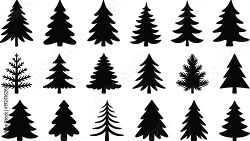 Collection of black and white tree silhouettes in various shapes and styles forest