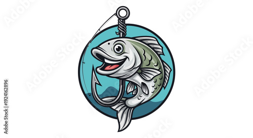 Cartoon Fish Caught on Fishing Hook.