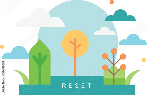 Flat design nature scene with reset text isolated on transparent background, Vector, illustration