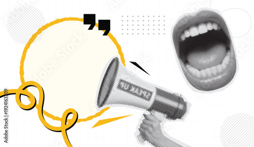 Creative collage background with halftone mouth and megaphone for announcement and testimonial promotion