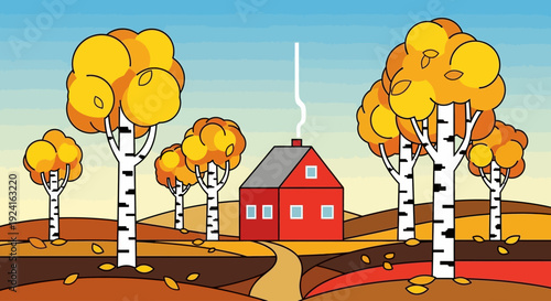 A cozy red house with smoke rising from its chimney, surrounded by birch trees with golden autumn foliage.