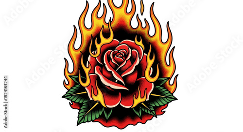 Tattoo Style Red Rose with Flames.