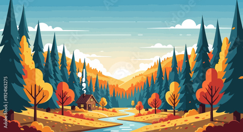 A serene autumn landscape with a cozy cabin nestled beside a winding river, surrounded by vibrant fall foliage and tall pine trees under a warm, sunlit sky.