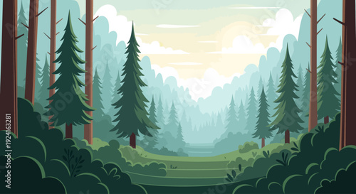 A serene and misty forest landscape with tall evergreen trees and lush green foliage under a soft, hazy sky.