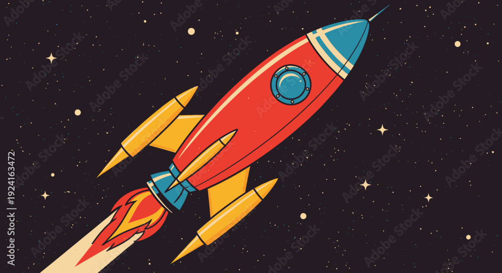 Fototapeta premium Red Cartoon Rocket Ship Flying Through Space.
