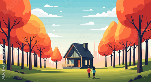 A cozy house nestled among vibrant autumn trees with a couple walking towards it.