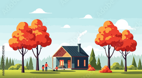 A cozy house with two large autumn trees in the foreground and a family enjoying the outdoors.