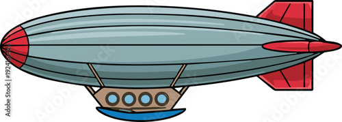 Gray and red airship with blue gondola and windows flying in the sky