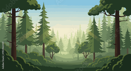 Lush green forest with tall evergreen trees and a misty background, bathed in soft natural light.