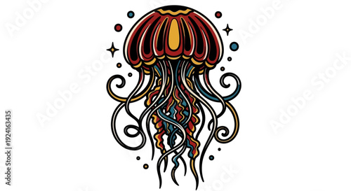 Colorful Stylized Jellyfish Illustration with Tentacles.