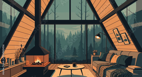 Cozy A-frame cabin interior with a fireplace and large windows overlooking a serene forest landscape.