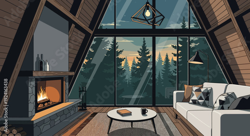 Cozy A-frame cabin living room with a fireplace and large windows overlooking a forest at sunset.