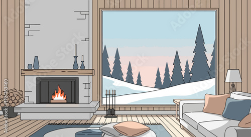 A cozy living room with a burning fireplace and a large window overlooking a serene snowy winter landscape with pine trees.
