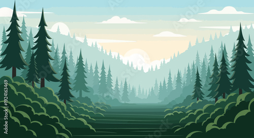 A serene, stylized landscape illustration of a forest valley with pine trees and a river at sunrise or sunset.