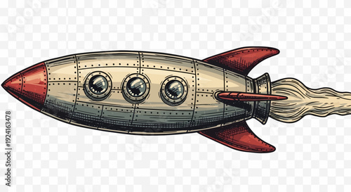 Vintage Style Steampunk Rocket Ship Illustration.