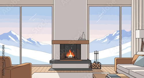 Cozy living room with a warm fireplace and large windows overlooking snow-covered mountains, creating a perfect winter retreat atmosphere.