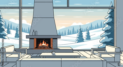 A cozy modern living room with a burning fireplace and large windows offering panoramic views of a snowy mountain landscape at sunset.