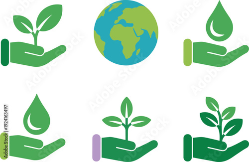 Green hands holding plants and water drops with a globe in the center