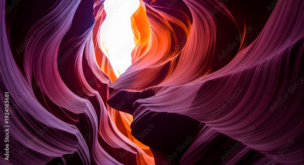 Obraz premium Antelope Canyon purple orange sandstone walls | Stunning slot canyon light rays | Abstract natural rock formations Arizona | Vibrant geological beauty photography | Southwestern USA travel destination
