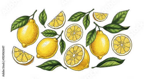 Assorted Lemons and Lemon Slices with Leaves.
