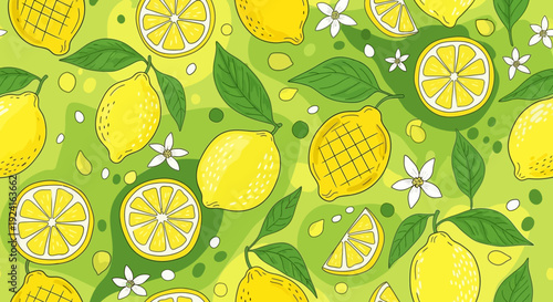 Lemon Slices and Leaves Pattern Illustration.