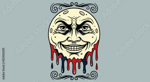 Creepy Moon Face with Dripping Blood Illustration.