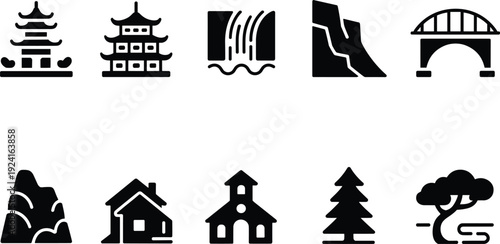Black and white Japan landmark icon set, minimalist pagoda waterfall bridge house tree vector collection