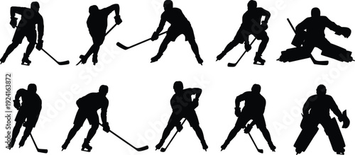 Silhouettes of hockey players in various dynamic poses with hockey sticks on a white background black