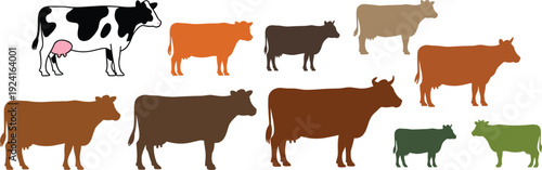 Cow silhouette vector collection, dairy cattle farm animal minimalist illustration set isolated on white background