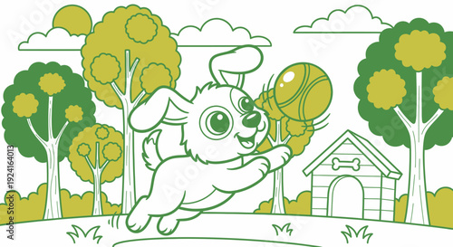 Cartoon Dog Playing Tennis with Tennis Ball.