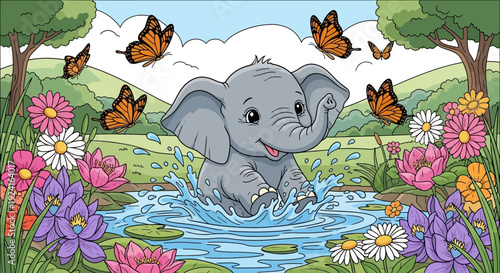 Cartoon Elephant Playing in Water Pond.