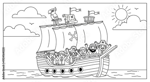 Pirate Ship Sailing on the Ocean.