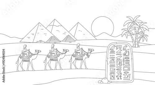 Ancient Egyptian Scene with Camel Riders and Obelisk.