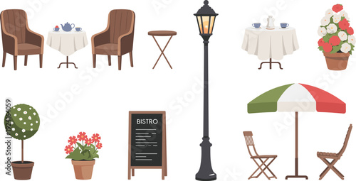 European street cafe flat vector collection, bistro furniture lamp umbrella table chairs outdoor illustration set