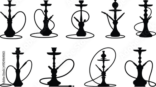 Ten black and white silhouette of various hookah pipes with different and hose attachments
