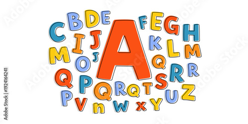 Colorful hand drawn alphabet with playful letters arranged around a bold central A. Bright cartoon style typography perfect for kids education posters, nursery prints and learning materials.