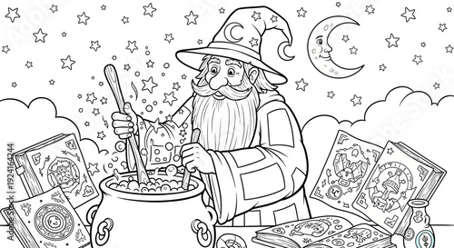 Wizard Stirring Magical Potion in Cauldron.