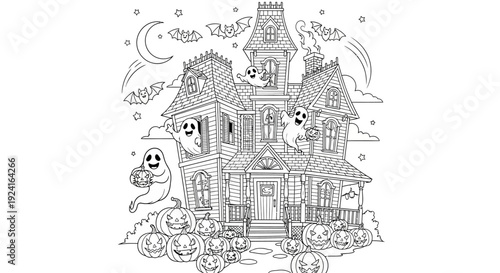 Spooky Halloween House with Ghosts and Pumpkins.