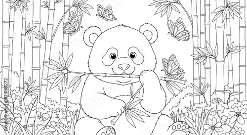 Panda Bear Standing in Bamboo Forest Illustration.