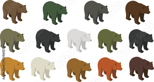 Isometric bear silhouette vector collection, brown black polar grizzly wildlife animal icon set