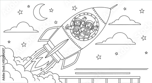 Black and White Cartoon Rocket Ship Launching.