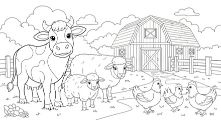 Fototapete Bauernhof Kuh und Hoftiere zum Ausmalen  © loxia stock image