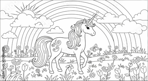 Line Drawing of a Unicorn Standing.
