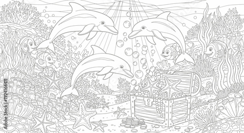 Dolphins Swimming Near Treasure Chest Illustration.
