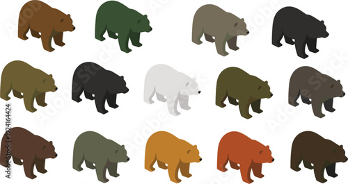 Isometric bear silhouette vector set, brown black polar grizzly wildlife animal illustration collection