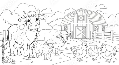 Cow and Farm Animals Coloring Page.