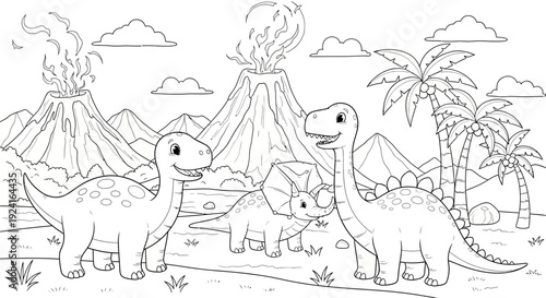 Three Dinosaurs Standing Near Volcanoes Illustration.